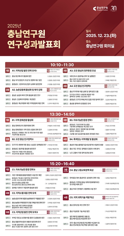 충남연구원, ‘2025 연구성과발표회’ 개최… ‘정책’, ‘현안’, ‘미래전략’ 한자리에