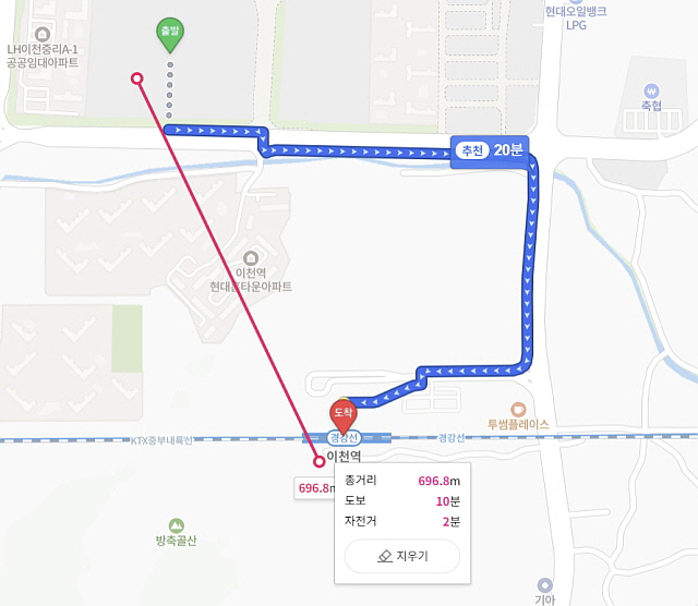 ▲ 단지에서 이천역까지 직선거리와 도보 소요시간. ⓒ네이버지도
