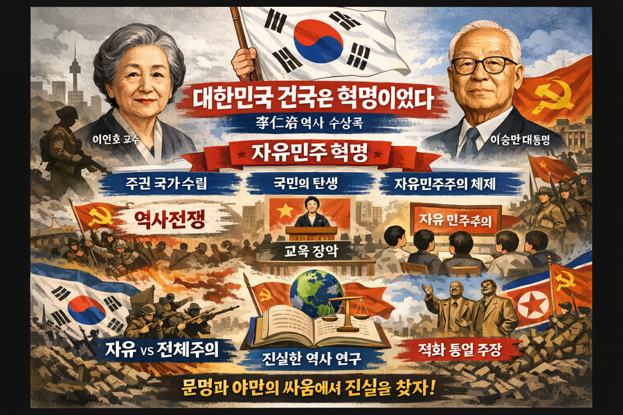 ▲ 대한민국은 건국 자체가 혁명이었다. 공산주의 국가냐, 자유민주주의 국가냐의 갈림길에서 우남 이승만의 정치적 지도력이 오늘날의 대한민국을 낳게 했다. 건국 때부터 우리 체제 속에 잠복해 있던 체제전복세력은 지금까지《전복전쟁》을 지속하고 있다. 그 핵심이 《역사전쟁》이다. ⓒ 챗 GPT