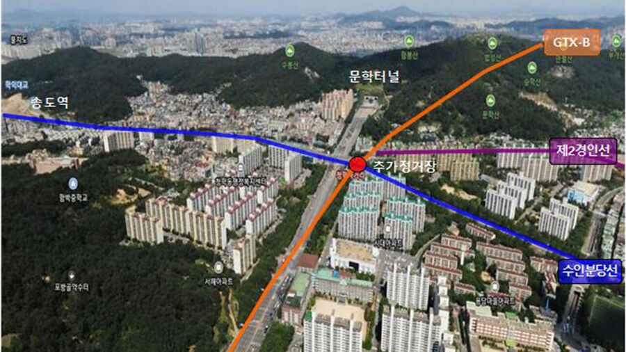 ▲ GTX-B 노선 인천시청과 송도 사이 청학사거리에 추가 정거장이 신설된다. 추가되는 정거장 항공사진 ⓒ인천시 제공