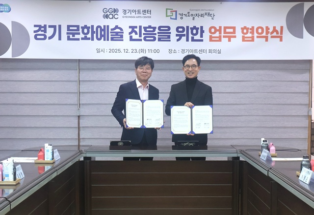 ▲ 김상회 경기아트센터 사장과 윤덕룡 경기도일자리재단 대표이사가 23일 아트센터에서 업무협약 후 기념촬영을 하고 있다. ⓒ경기아트센터 제공