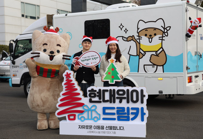 ▲ 현대위아 직원들이 지난 23일 경상남도 창원시 현대위아 본사 앞에서 지역 사회복지기관 10곳에 선물할 '현대위아 드림카'와 함께 기념 사진을 찍고 있다. ⓒ현대위아