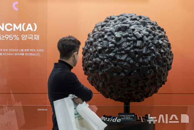 ▲ 지난 3월 5일 서울 강남구 코엑스에서 열린 '인터배터리 2025'를 찾은 참관객이 양극재를 살펴보고 있다.ⓒ뉴시스