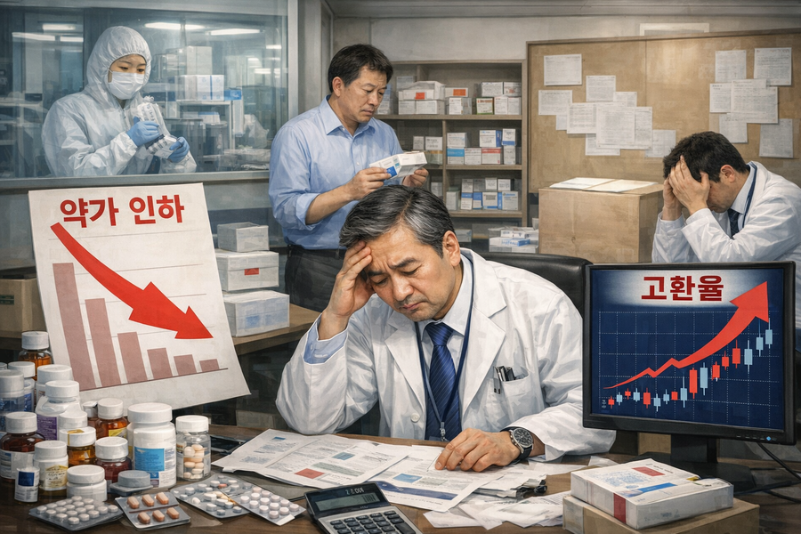 ▲ 약가 인하 등 제도 개편과 고환율로 시름앓는 제약업계 사람들 이미지. ⓒ챗GPT