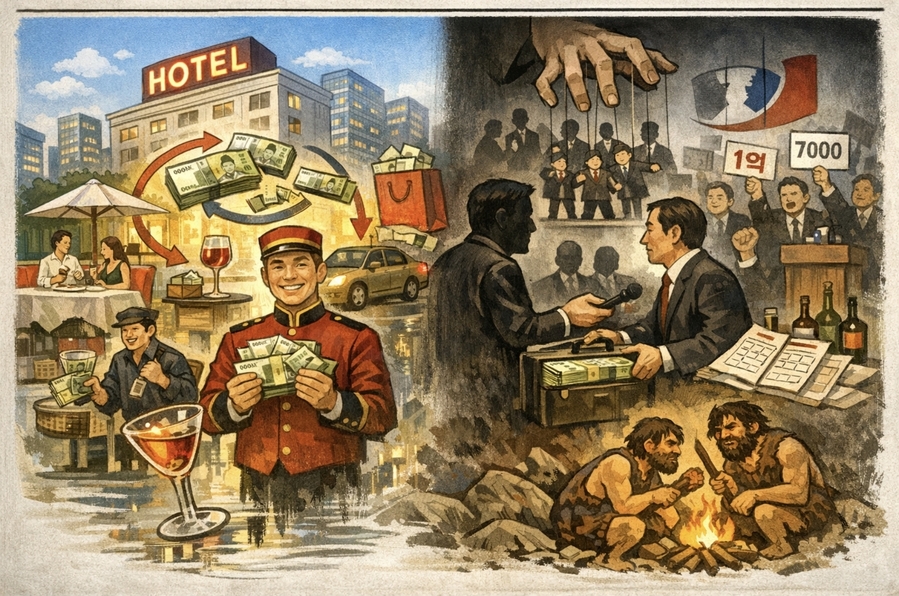 ▲ 공천을 돈주고 산다. 그 돈이 당내에서 돌고 돈다. 선거철을 맞아 다시 전귝으로 돈다. 경기가 활성화 된다.《호텔 경제학》에선 예약 취소만해도 경기가 부양된다고 했다.《공천 경제학)에선 예약 취소도 아니고 실물 돈이 돌고 돈다. 경기 부양 효과도 더욱 클 듯. 경제학 교과서를 다시 써야 할 듯하다.  ⓒ 챗GPT