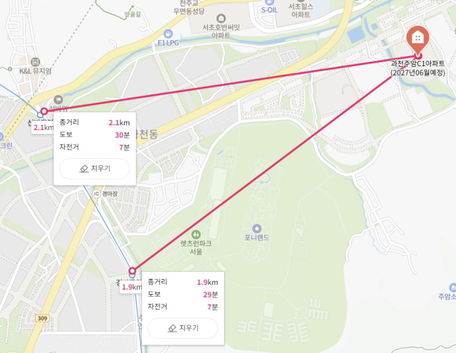 ▲ 단지와 역간 거리 및 소요시간. ⓒ네이버지도