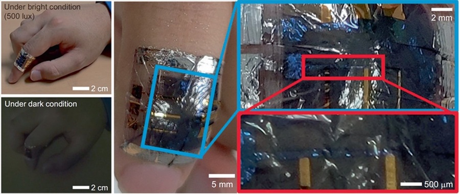 ▲ 초박막·초유연 근적외선 유기 광검출기(NIR-OPD)의 사람 피부에 대한 실제 적용 모습. 밝은 환경(500 lux)과 어두운 환경 모두에서 피부 굴곡과 움직임에도 안정적으로 밀착·동작함을 확인할 수 있다(왼쪽). 가운데 이미지는 손등 피부 위에 부착된 센서의 전체 모습이며, 오른쪽은 센서 활성 영역과 전극 구조를 단계적으로 확대한 광학 이미지로, 수 μm 두께의 초박막 소자가 미세한 피부 곡면에서도 손상 없이 유지됨을 보여준다.ⓒ아주대