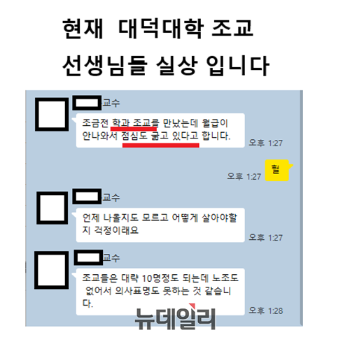 ▲ 교수노조 단톡방에서 전 교직원 급여는 전액 미지급 상태에서 조교들은 점심 한 끼를 걱정하는 지경에 이르렀다고 걱정하는 내용. ⓒ교수노동조합