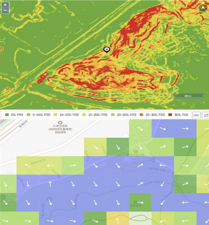▲ 국가환경성평가지도(위쪽)와 호갱노노 경사도분석 자료화면. ⓒ홈페이지 갈무리