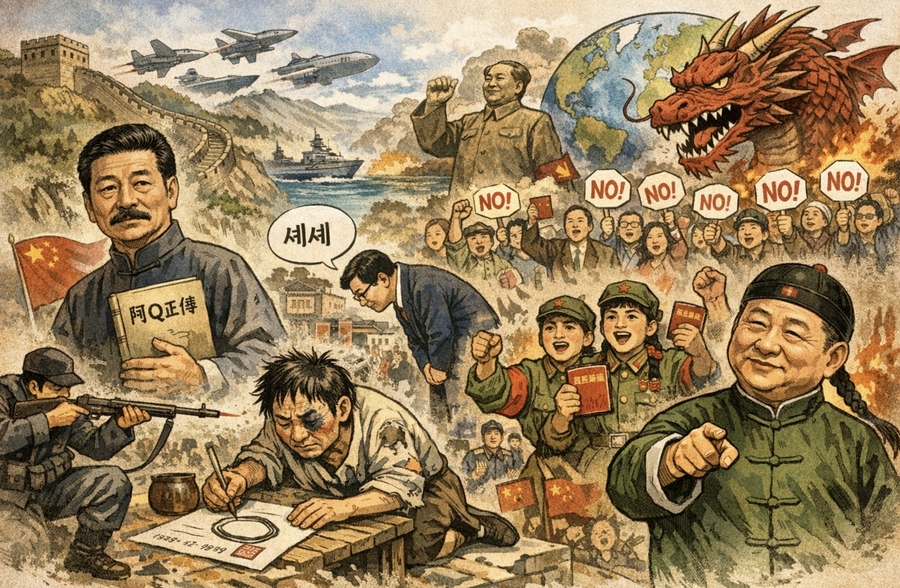 ▲ 서방과 동방의 정신문화와 가치체계 중 어느 편에 서야하나? 중국에서 자유-공화-민주란 가치의 실현은 가능할까? 수천년 켜켜히 쌓여온 전제정-전체주의 정치문화 DNA가 중국인 뼈와 살 속에 너무 깊숙히 박혀 있기에 요원해 보인다. 작가 루신은《아Q정전》에서 이런 문제점을 지적했다. 
시진핑의 중국공산당(중공)은 이른바《툭색 있는 사회주의》운운하며 공산당 일당독재정을 지속하고 있다. 외양만 바뀌었지 본질은 수천년 지속된 황제 통치 제정과 똑같다. ⓒ 챗GPT