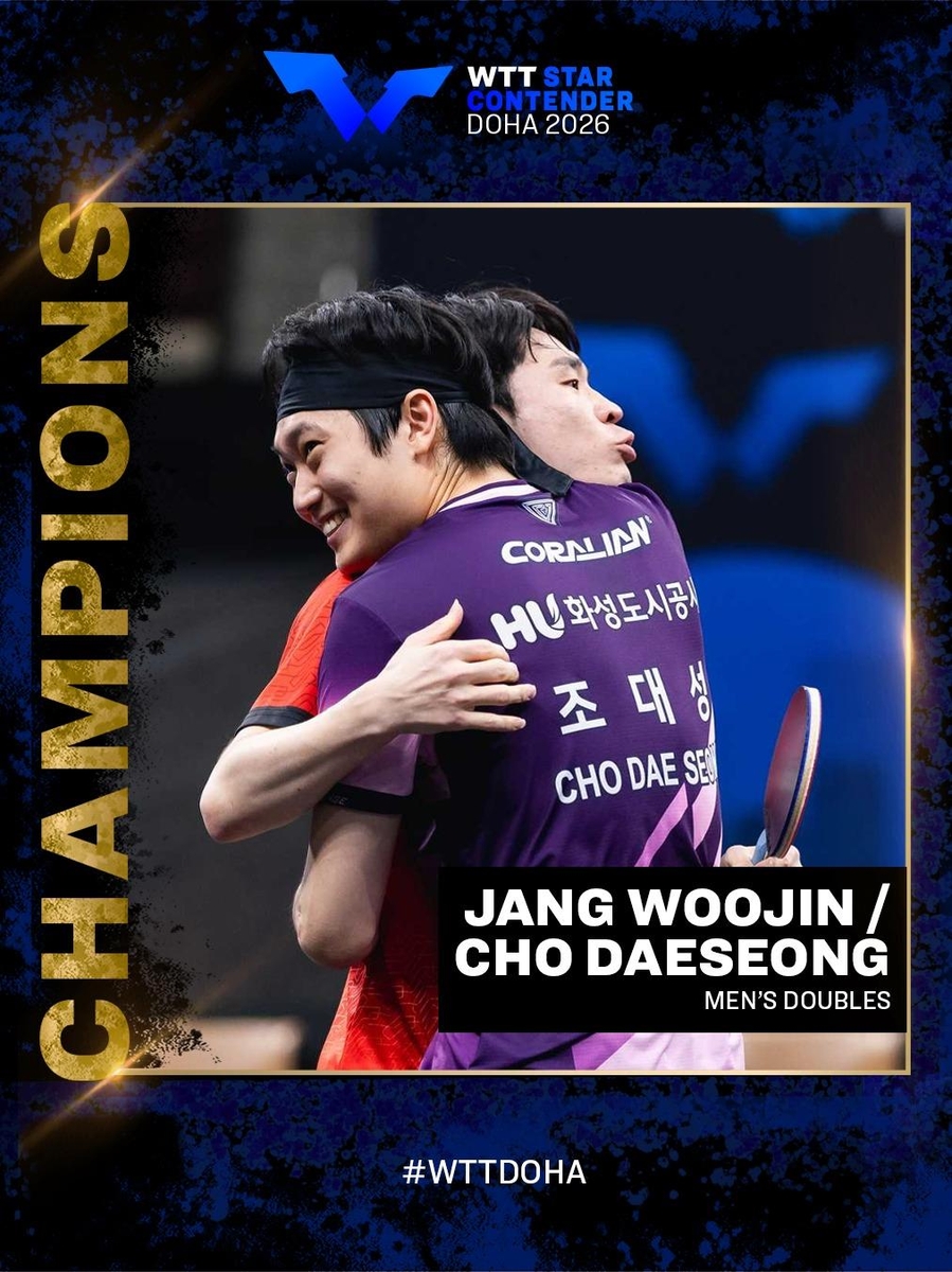 ▲ 장우진-조대성 듀오가 올해 WTT 시리즈에서 '세계 최강' 만리장성을 허물고 새해 첫 우승에 성공했다.ⓒWTT 제공