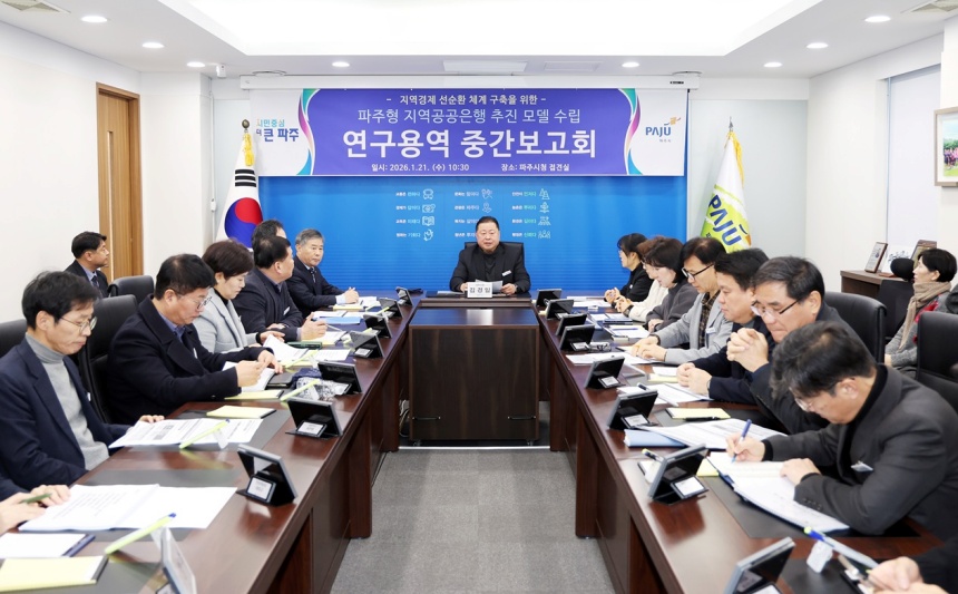 ▲ 파주형 지역공공은행 모델 수립을 위한 연구용역 중간보고회가 열리고 있다ⓒ파주시 제공