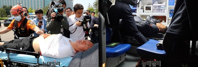 ▲ 좌측 사진은 드루킹 게이트 특검을 요구하며 단식투쟁을 8일째 이어가던 김성태 당시 자유한국당 원내대표가 2018년 5월 9일 국회 단식농성장에서 급속한 건강 악화로 병원으로 이송되고 있는 모습. 우측 사진은 2019년 11월 27일 황교안 당시 자유한국당 대표가 단식 8일째 되던 날 병원으로 이송되고 있는 모습. ⓒ뉴데일리DB