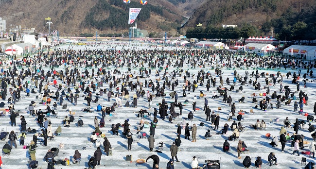 ▲ 24일, 주말을 맞아 화천산천어축제장을 찾은 수많은 관광객들이 한파에도 산천어 얼음낚시를 즐기고 있다. ⓒ화천군