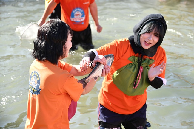▲ 24일, 주말을 맞아 화천산천어축제장을 찾은 관광객들이 추위도 잊은채 산천어 맨손잡기 체험을 즐기고 있다. ⓒ화천군