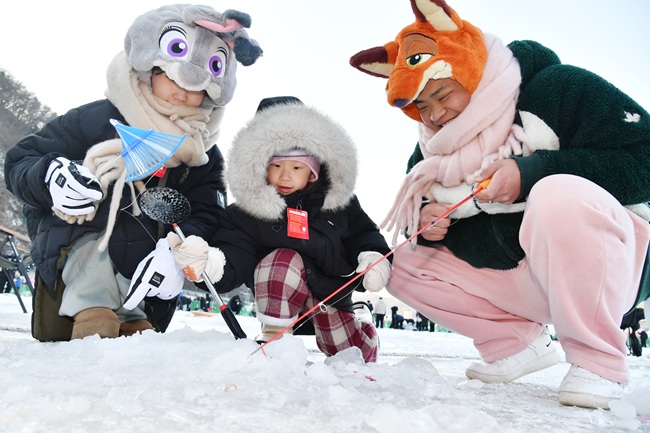 ▲ 25일, 주말을 맞아 이른 아침부터 화천산천어축제장을 찾은 관광객들이 산천어 얼음낚시터에서 산천어를 낚아 올리며 즐거워하고 있다. ⓒ화천군