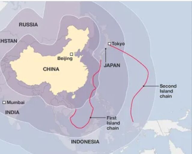 ▲ 중국이 외부로부터의 해양세력 진출을 막는 저지선이자 중국이 밖으로 진출하려는 것을 미국 등이 막는 기준선이기도 한 제1도련선과 제2도련선. ⓒ위키피디아