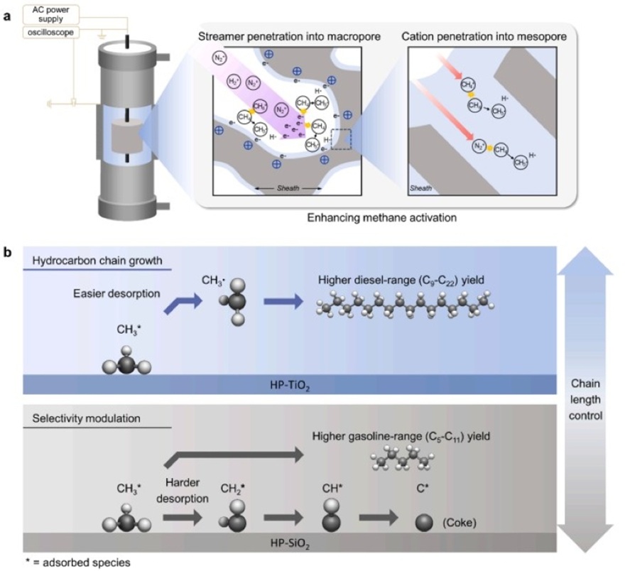 ▲ 비열 플라즈마 내 HP-TiO2 및 HP-SiO2의 개략도. (위)계층적 다공성 촉매는 CH4 활성화를 촉진하며, 플라즈마-고체 계면에서 비중성 경계층인 데바이 쉬스가 형성되어 미세 방전 및 스트리머 형태로 전자를 밀어낸다. (아래)HP-TiO2 및 HP-SiO2의 서로 다른 표면 특성이 CH4 직접 전환에 미치는 영향을 보여준다.ⓒ서강대