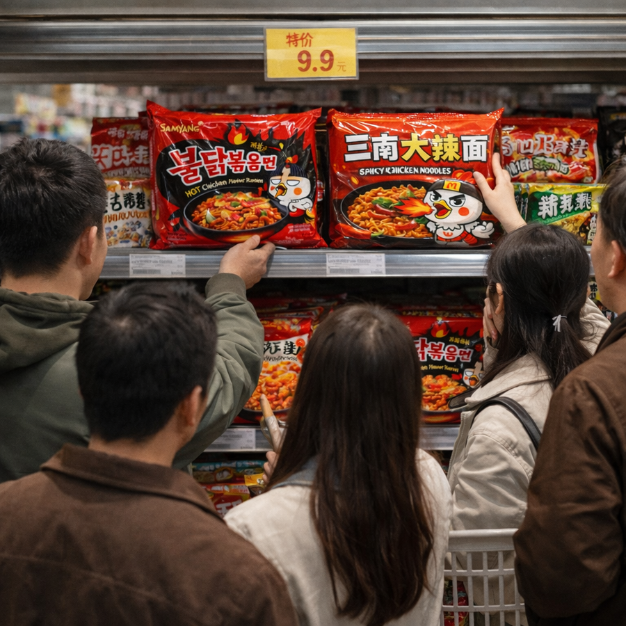 ▲ 삼양식품 불닭볶음면을 연상시키는 제품을 고르는 중국 소비자들. ⓒAI 생성 이미지