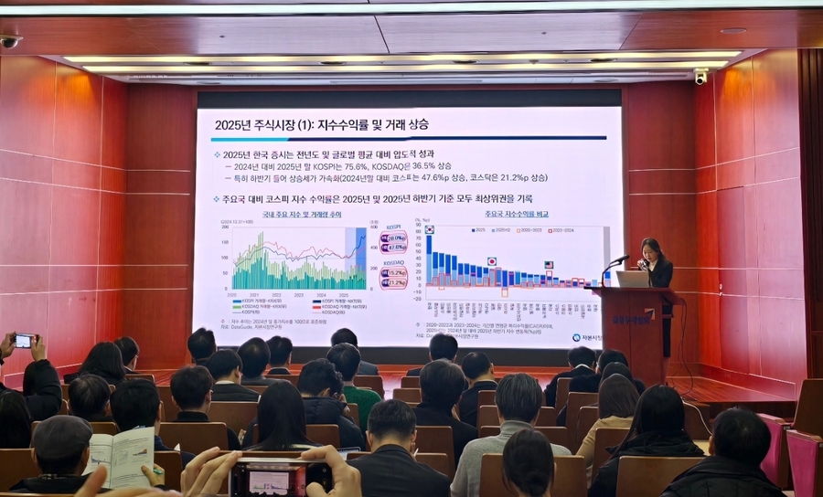 ▲ 강소현 자본시장연구원 자본시장실장이 27일 서울 영등포구 금융투자협회에서 열린 '2026년 자본시장 전망과 주요 이슈' 세미나에 참석해 발표하고 있다. ⓒ뉴데일리
