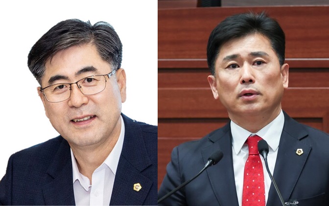 ▲ 행정통합 반대에 나선 도기욱, 김대일 의원(왼쪽부터).ⓒ경북도의회