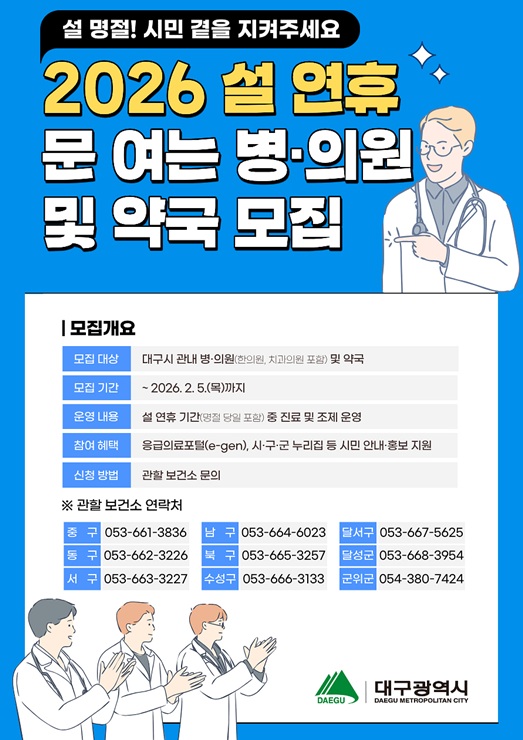 ▲ 2026년 설 연휴 문 여는 병의원 및 약국 모집 포스터.ⓒ대구시