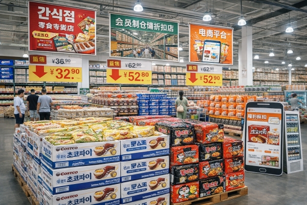 ▲ 중국 창고형 할인점에 진열된 한국 식품. K-푸드 기업들은 간식점·이커머스 등 성장 채널 대응을 위해 현지 생산 비중을 높이고 있다.ⓒAI 생성 이미지