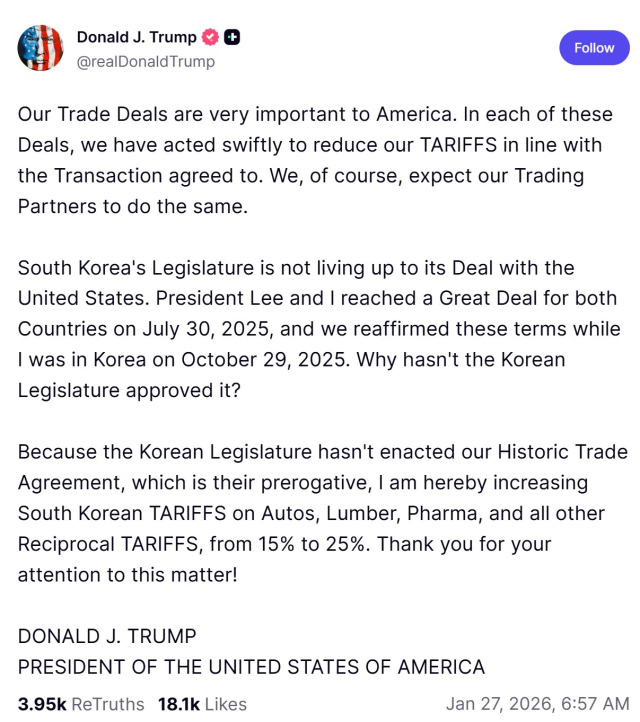 ▲ 도널드 트럼프 미국 대통령이 지난 26일 SNS를 통해 