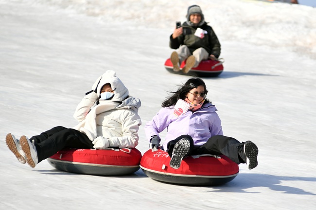 ▲ 2026 화천산천어축제 폐막을 이틀 앞둔 30일, 축제장을 찾은 내외국인 관광객들이 눈썰매와 얼음썰매를 타며 겨울의 재미를 만끽하고 있다. ⓒ화천군