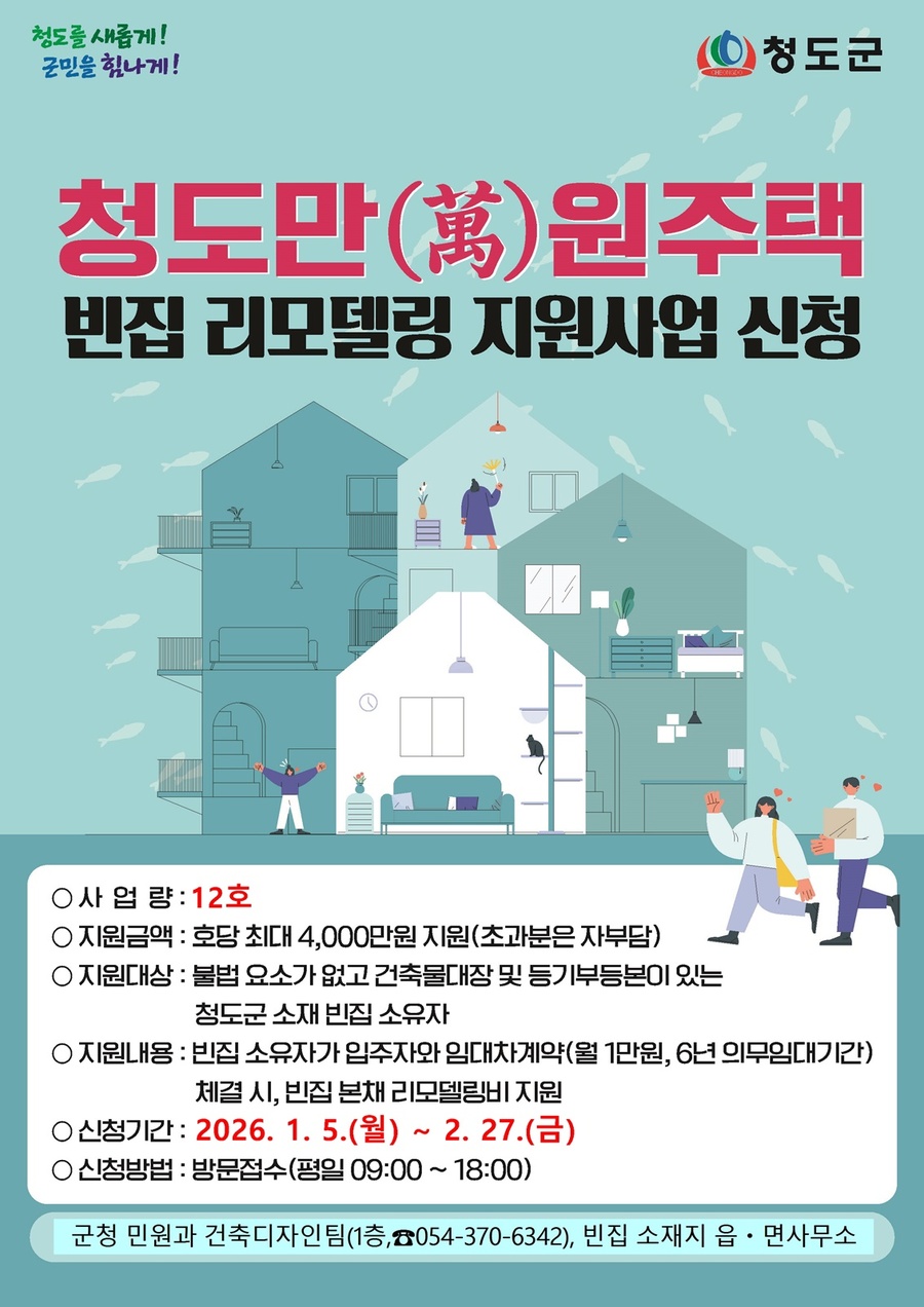 ▲ 청도군(군수 김하수)은 빈집 활용을 통한 주거 안정과 정주 여건 개선을 위해 2026년도 ‘청도만(萬)원주택사업’ 빈집 사업자에 대한 추가모집을 실시한다.ⓒ청도군