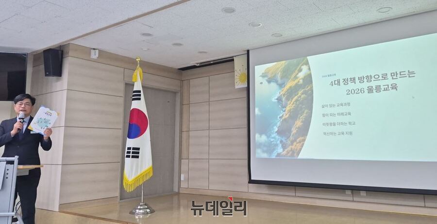 ▲ 이왕섭 울릉교육청 초등장학사가 올해 교육계획에 대해 설명하고 있다.ⓒ뉴데일리