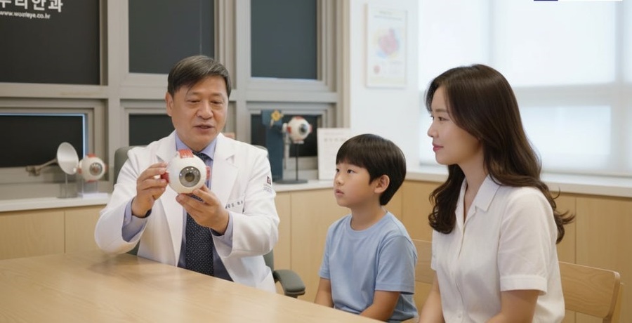 ▲ 대전 우리안과 민병무 원장이 병원을 찾은 어린이와 어머니에게 생활습관의 중요성에 대해 설명하고 있다.