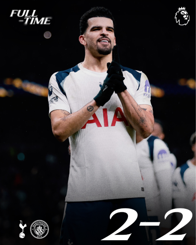 ▲ 솔란케의 멀티골을 앞세운 토트넘이 맨체스터 시티와 2-2로 비겼다.ⓒ토트넘 제공