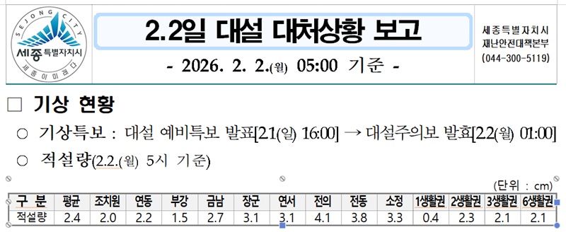 세종시, 대설주의보 속 선제 대응…"피해·교통통제 없어"