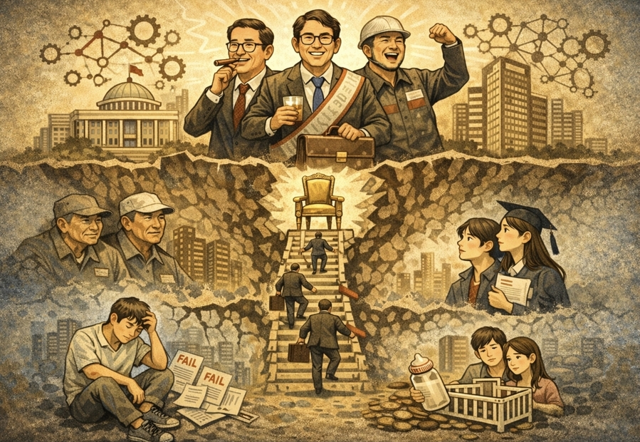 ▲ 《위계》와《네트워크》가 씨줄날줄로 얽혀 386세대가 한국사회의 모든 것을 장악하고 있다. 쌀농사에서 유래한 품앗이와 두레가 그런 그물망의 자양분이다. 카르텔 수준으로 그 얼개가 고착화되어 있다. 미래세대가 끼어들 틈을 모두 막고 있다. ⓒ 챗GPT