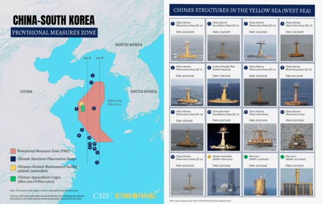 ▲ 서해 한중 잠정조치수역(PMZ) 일대에 설치된 중국 측 부표·구조물의 위치와 사진을 정리한 도표. 미국 싱크탱크 국제전략문제연구소(CSIS) 산하 '비욘드 패럴렐'(Beyond Parallel)은 2025년 12월 9일(현지시간) 발표한 보고서에서 