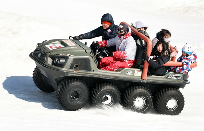 ▲ 휴일인 8일 강추위에도 불구하고 강원 평창군 진부면 오대천 일원에 열린 평창송어축제를 찾은 방문객들이 눈밭에서 아르고 체험을 즐기고 있다. ⓒ평창문화재단
