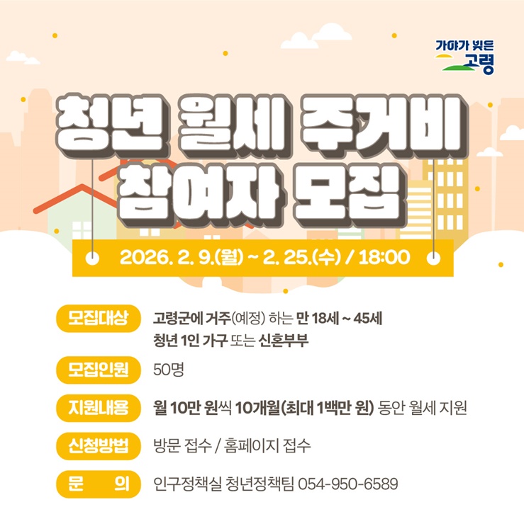 ▲ 고령군이 청년층의 주거비 부담을 덜고 지역 정착을 지원하기 위해 ‘고령군 청년 월세 주거비 지원사업’ 대상자를 모집한다.ⓒ고령군