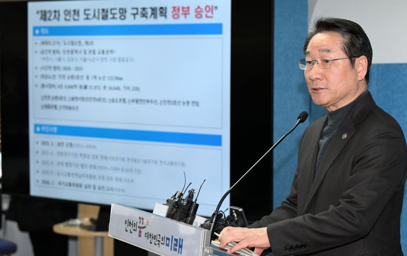 ▲ 유정복 인천시장이 13일 시청 브리핑룸에서 인천 순환3호선 등 7개 노선이 반영된 '제2차 인천 도시철도망 구축계획’ 국토교통부 최종 승인에 대해 설명하고 있다. ⓒ인천시 제공