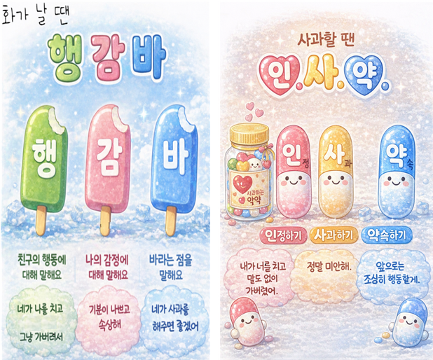 ▲ ‘행감바 인사약 포스터’는 인성교육 꾸러미 자료 중 하나로 학생들이 화가날 때, 사과할 때 대화하는 방법을 이미지와 글로 나타낸 자료이다_포스터ⓒ광주시교육청 제공