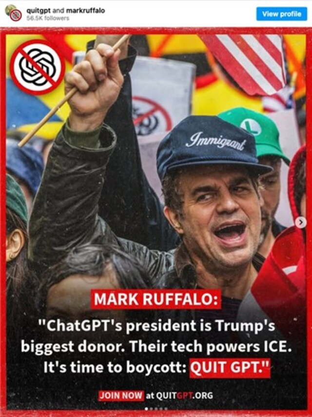 ▲ 영화 '어벤저스' 시리즈에서 헐크 역으로 유명한 헐리우드 배우 마크 러팔로가 인스타그램에 올린 오픈AI의 인공지능(AI) 챗봇 챗GPT 불매운동 '큇GPT' 동참 게시물.ⓒ인스타그램