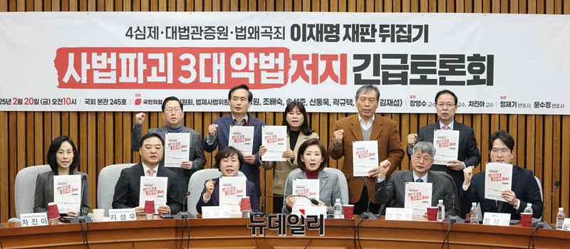 ▲ 법사위원인 나경원 국민의힘 의원 등 참석자들이 20일 국회에서 열린 '사법파괴 3대 악법(4심제ㆍ대법관 증원ㆍ법 왜곡죄)' 저지 긴급 토론회에서 기념촬영을 하고 있다. ⓒ이종현 기자