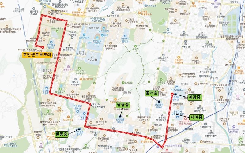 ▲ 천안시가 학생 과밀지역의 원거리 통학 불편과 안전 문제 해소를 위해 신설한 시내버스 노선 가운데 하나로 등·하교 시 하루 각 3회 운행하는  96번 학생노선.ⓒ천안시