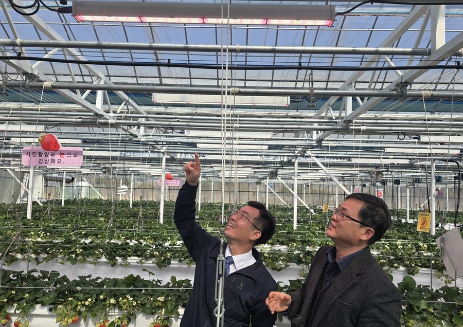 ▲ 성제훈 국립농업과학원장이 온실 보광 시스템 시찰하고 있다. ⓒ농촌진흥청