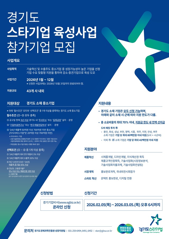 ▲ 경기도경제과학진흥원의 '경기도 스타기업 육성사업 참가기업' 모집 포스터. ⓒ경기도경제과학진흥원 제공