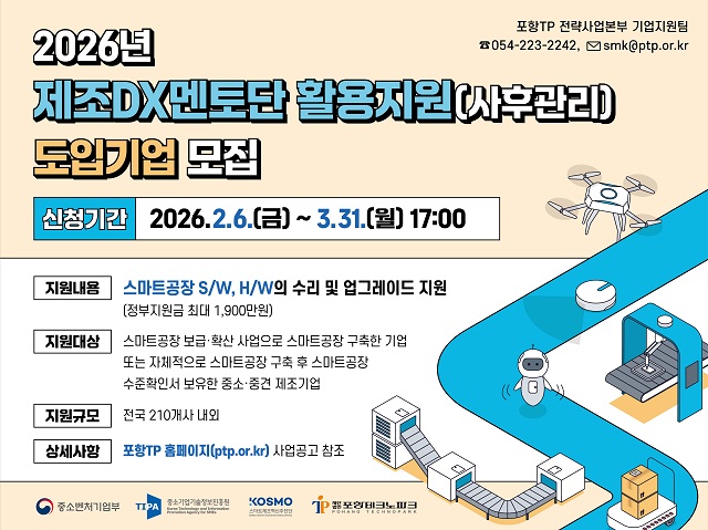 ▲ ‘2026년 제조DX멘토단 활용지원(사후관리) 사업’ 신청기업 모집 포스터.ⓒ포항TP
