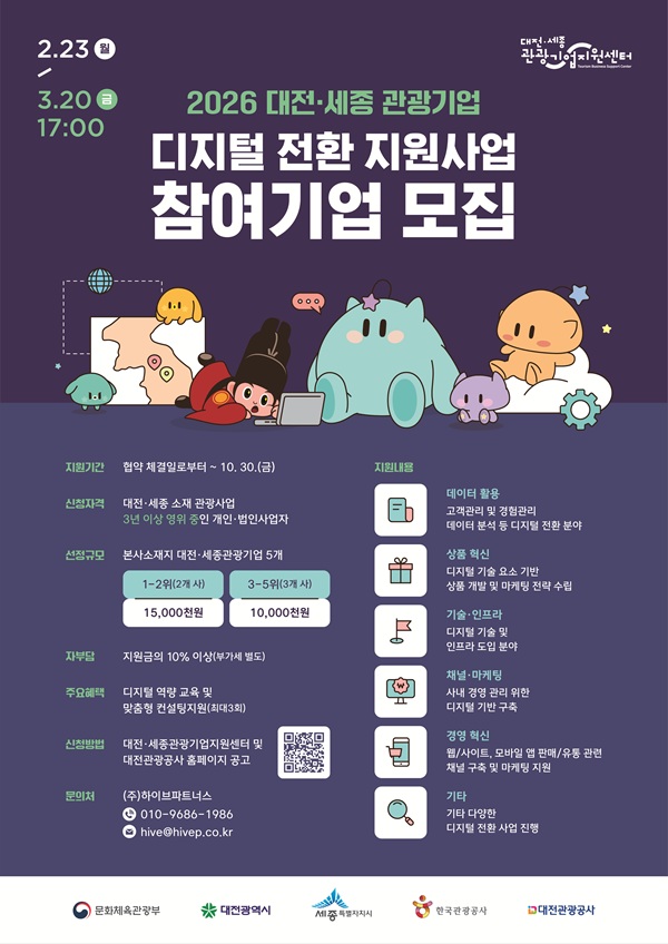 ▲ ‘2026 대전·세종 관광기업 디지털 전환 지원 사업’ 참여기업 모집 안내 홍보물.ⓒ대전관광공사
