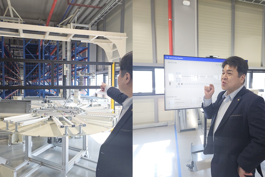 ▲ 엄인섭 TXR로보틱스 대표가 20일 부산 강서구 미음산단에 위치한 부산공장에서 AMR과 자동화 시스템을 소개하고 있다.ⓒ윤아름 기자