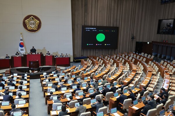 ▲ 25일 국회에서 열린 2월 임시국회 본회의에서 이른바 '3차 상법 개정안'이 국민의힘 의원들의 불참 속에 통과되고 있다. ⓒ연합뉴스