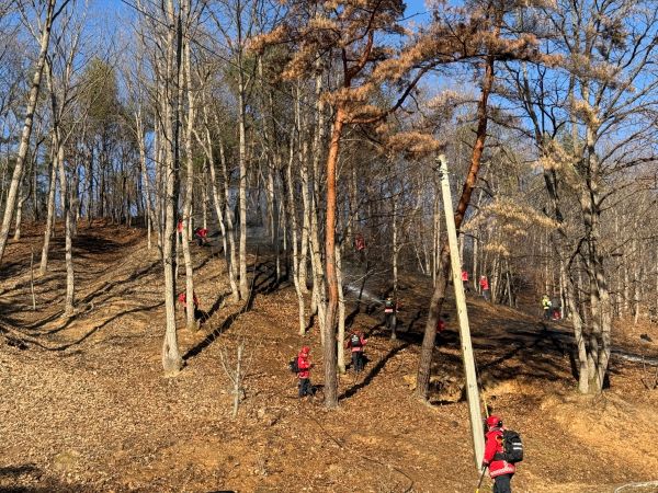 ▲ 지난 25일 오후 4시께 청양군 정산면 해남리에서 발생한 산불 진화 모습.ⓒ충남도